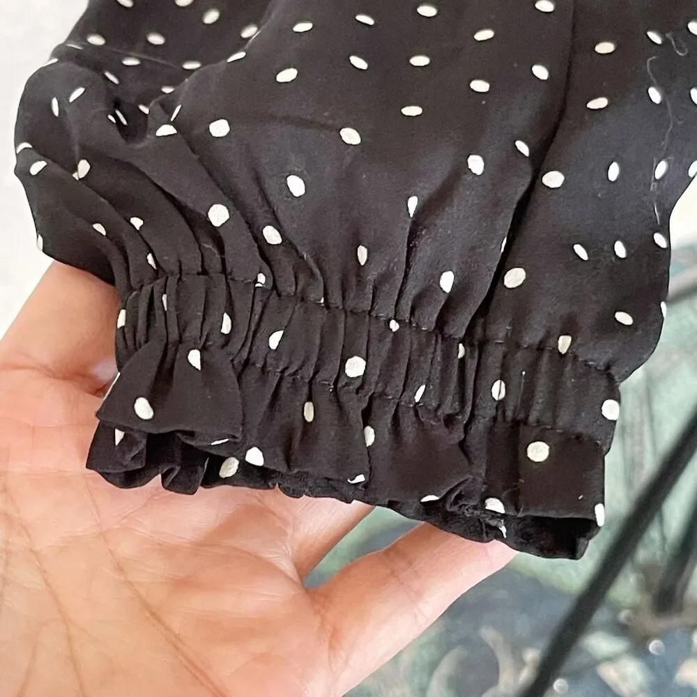 Loft Womens Ruffle Long Sleeve Blouse Polka Dots Front Keyhole Black Sz Small